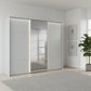 Rauch Heaven 270cm 3 Door Slider Wardrobe with 2 Décor Doors, 1 Mirror Door and Lights in Silk Grey styled in a modern bedroom