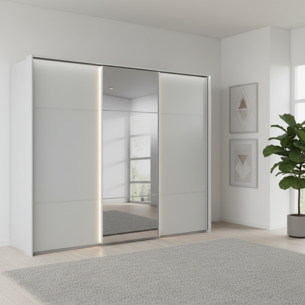 Rauch Heaven 270cm 3 Door Slider Wardrobe with 2 Décor Doors, 1 Mirror Door and Lights in Silk Grey styled in a modern bedroom