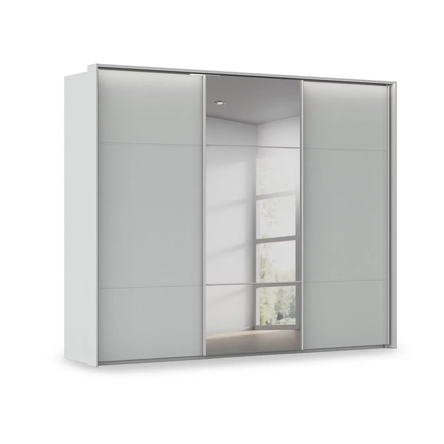 Rauch Haven 3 Door Slider Wardrobe with 2 Décor Doors, 1 Mirror Door and Lights in Silk Grey