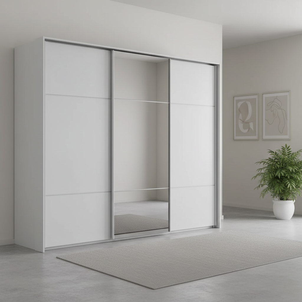 Rauch Heaven 270cm 3 Door Slider Wardrobe with 2 Glass Doors and 1 Mirror Door in Silk Grey styled in a modern bedroom