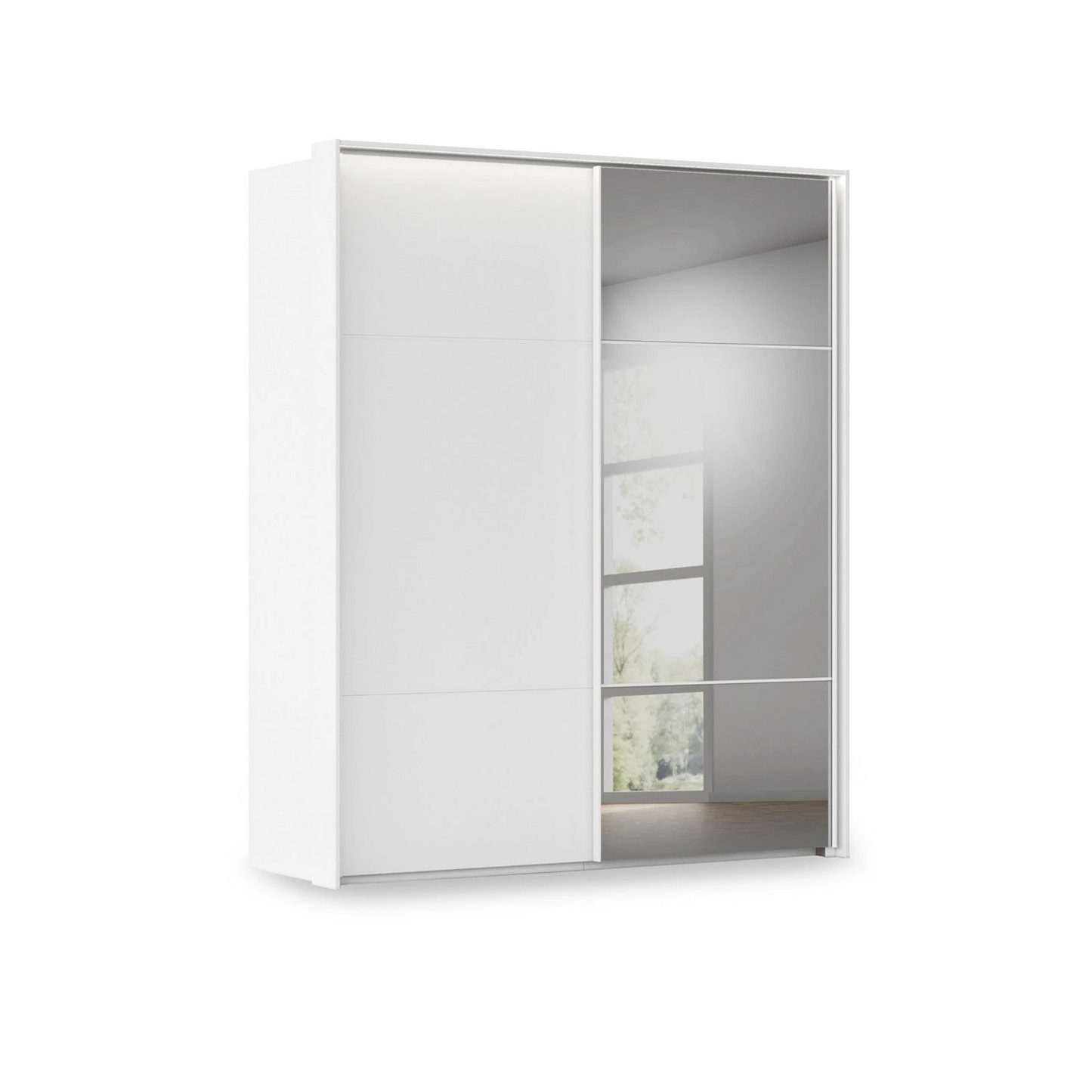 Rauch Haven 2 Door Slider Wardrobe with 1 Décor Door, 1 Mirror Door and Lights in White