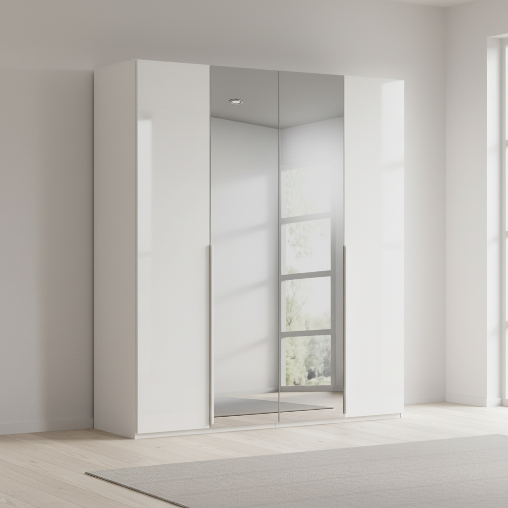 Rauch Heaven 200cm 4 Door Hinged Wardrobe with 2 Glass Doors and 2 Mirror Doors in Alpine White styled in a modern bedroom