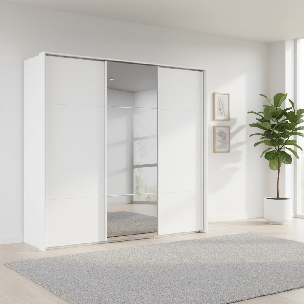 Rauch Heaven 240cm 3 Door Slider Wardrobe with 2 Décor Doors and 1 Mirror Door in Alpine White styled in a modern bedroom