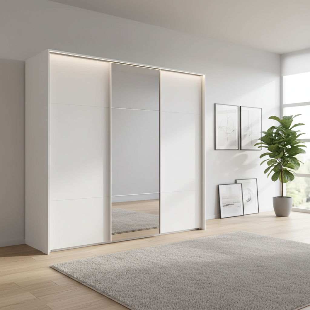 Rauch Heaven 240cm 3 Door Slider Wardrobe with 2 Décor Doors, 1 Mirror Door and Lights in Alpine White styled in a modern bedroom