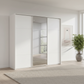Rauch Heaven 240cm 3 Door Slider Wardrobe with 2 Glass Doors, 1 Mirror Door & Lights in Alpine White styled in a modern bedroom
