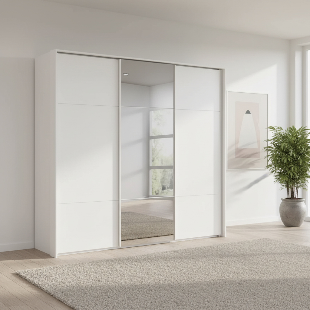 Rauch Heaven 240cm 3 Door Slider Wardrobe with 2 Glass Doors, 1 Mirror Door & Lights in Alpine White styled in a modern bedroom