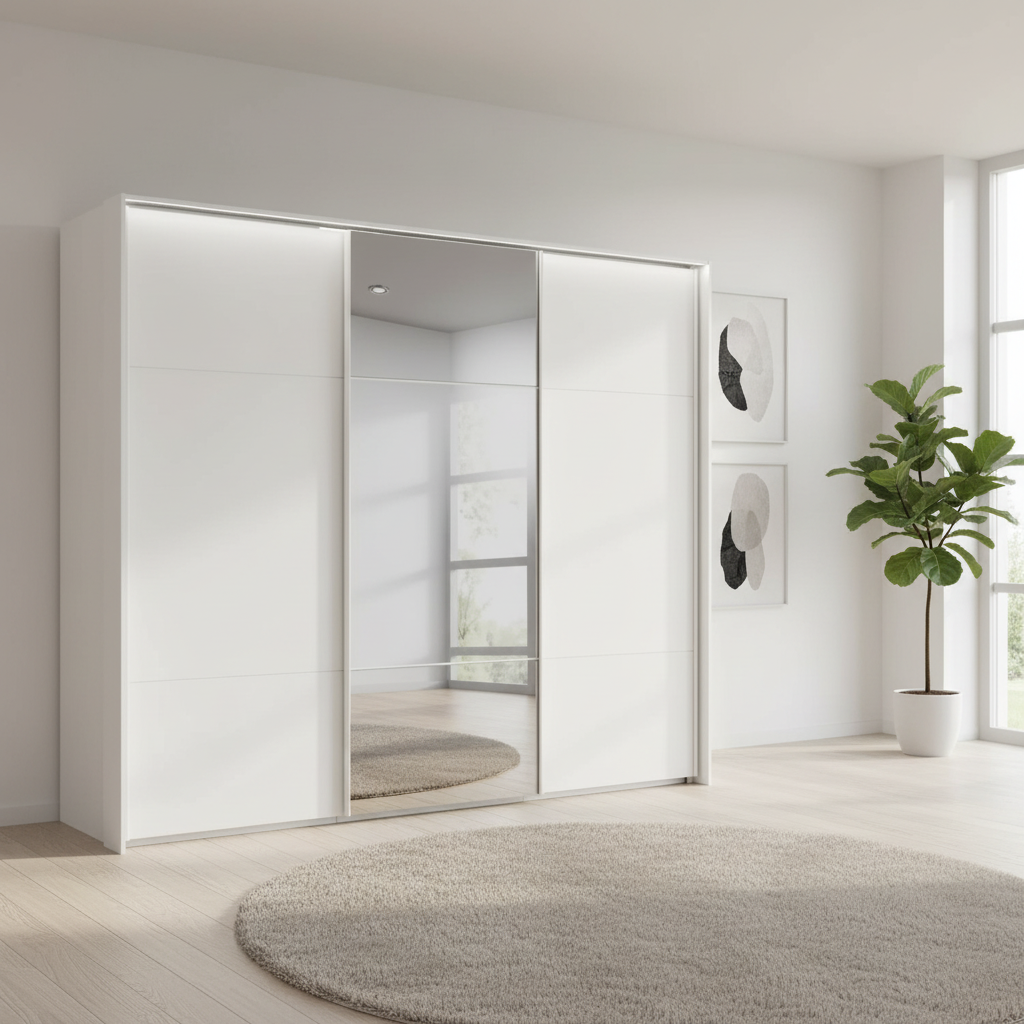 Rauch Heaven 270cm 3 Door Slider Wardrobe with 2 Décor Doors, 1 Mirror Door and Lights in Alpine White styled in a modern bedroom