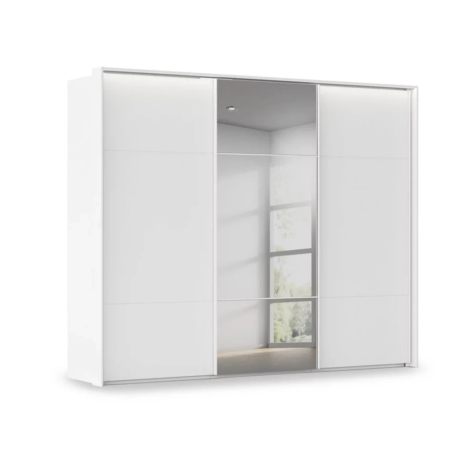 Rauch Haven 3 Door Slider Wardrobe with 2 Décor Doors, 1 Mirror Door and Lights in White