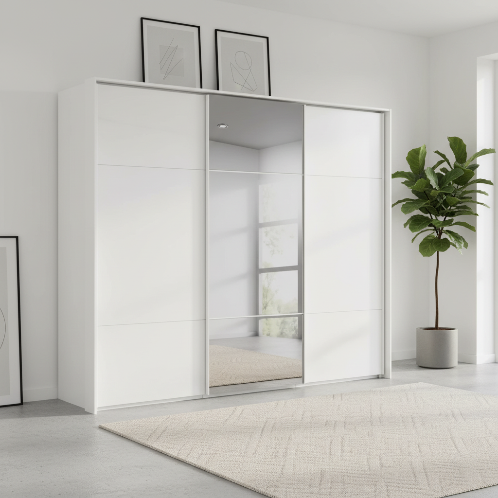 Rauch Heaven 270cm 3 Door Slider Wardrobe with 2 Glass Doors and 1 Mirror Door in Alpine White styled in a modern bedroom