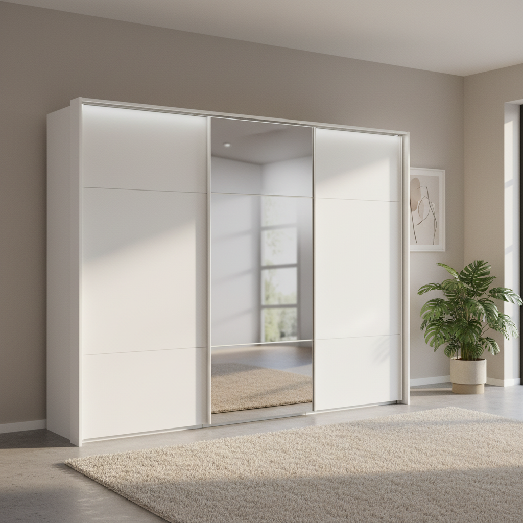 Rauch Heaven 300cm 3 Door Slider Wardrobe with 2 Glass Doors, 1 Mirror Door & Lights in Alpine White styled in a modern bedroom