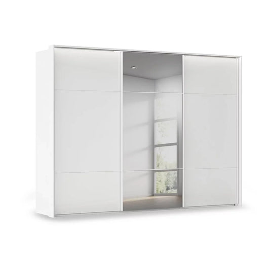 Rauch Haven 3 Door Slider Wardrobe with 2 Glass Doors, 1 Mirror Door & Lights in White