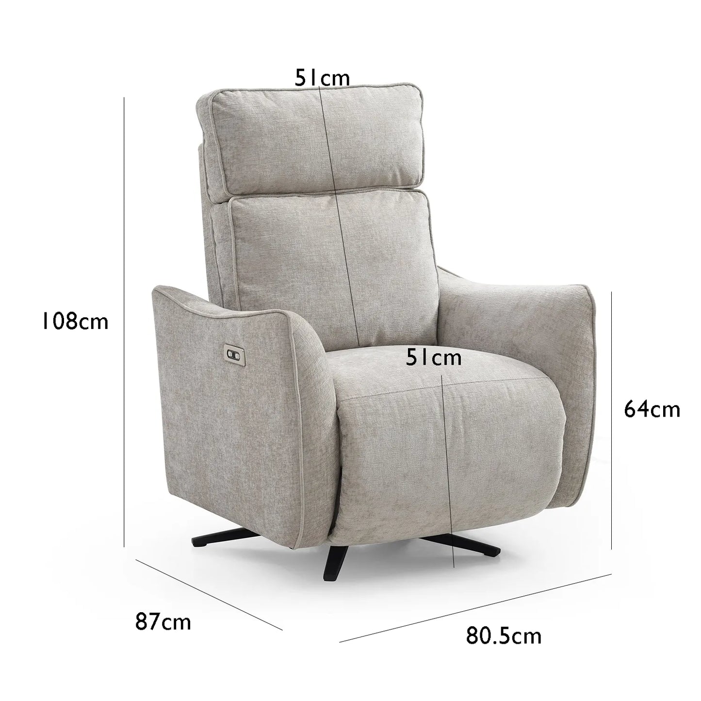 Shanghai Natural Chenille Fabric Power Swivel Recliner Chair Dimensions written on White background