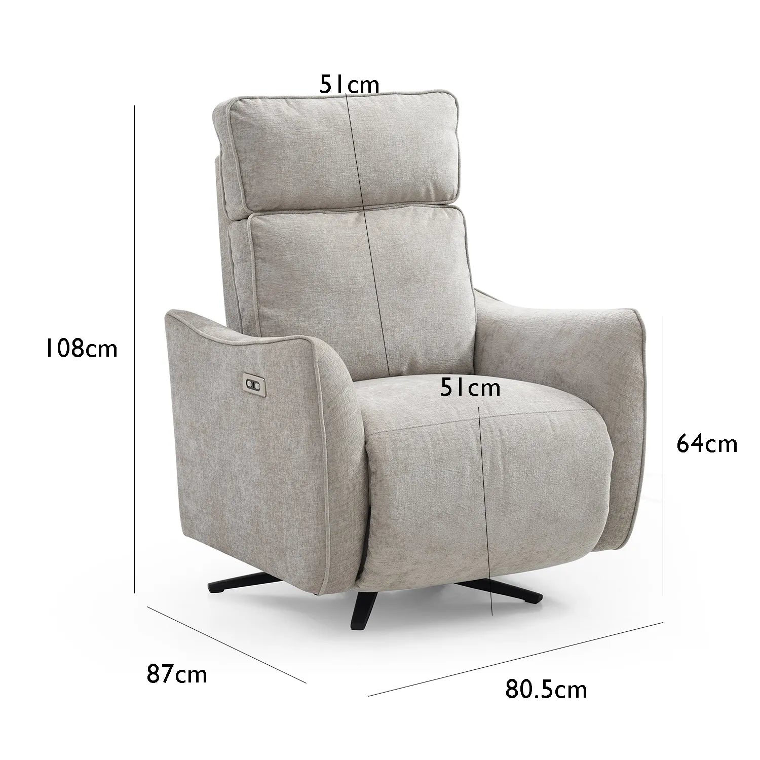 Shanghai Natural Chenille Fabric Power Swivel Recliner Chair Dimensions written on White background