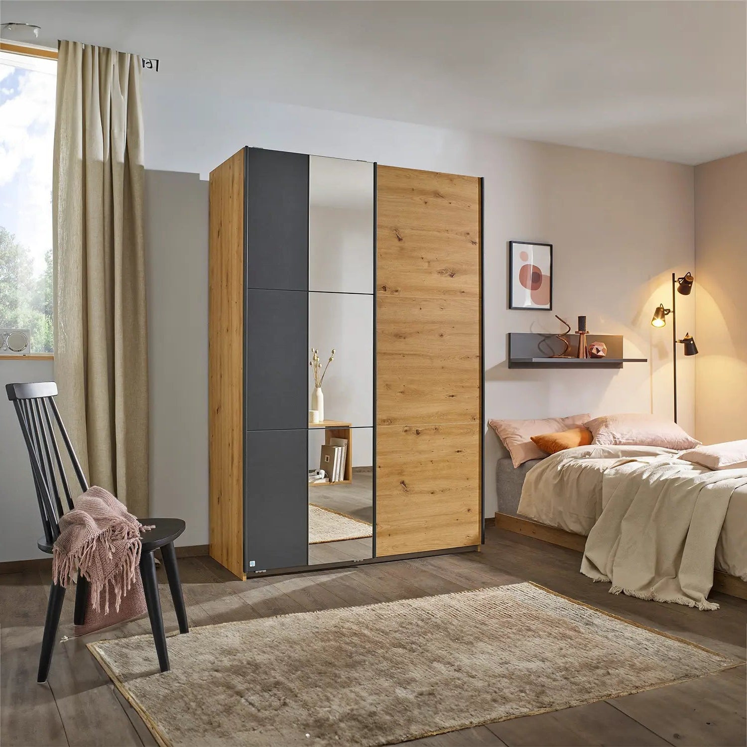 Smart Small Artisan Oak & Metallic Grey Sliding Door Wardrobe - Pendle Village Furniture