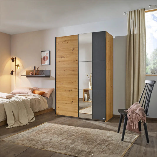 Smart Small Artisan Oak & Metallic Grey Sliding Door Wardrobe - Pendle Village Furniture