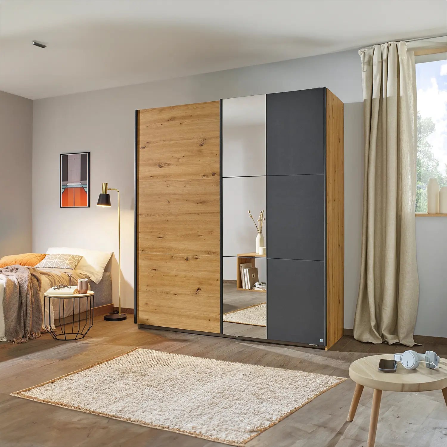 Smart Small Artisan Oak & Metallic Grey Sliding Door Wardrobe - Pendle Village Furniture