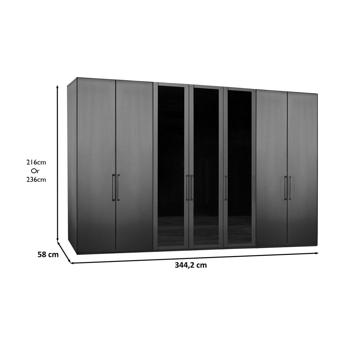 Dimensions of Wiemann Graphite 7 Door Hinged Wardrobe, Middle 3 Glass doors are with Transparent Glass Front, Dimensions Width 350cm , Height is choice of 216cm or 236cm 