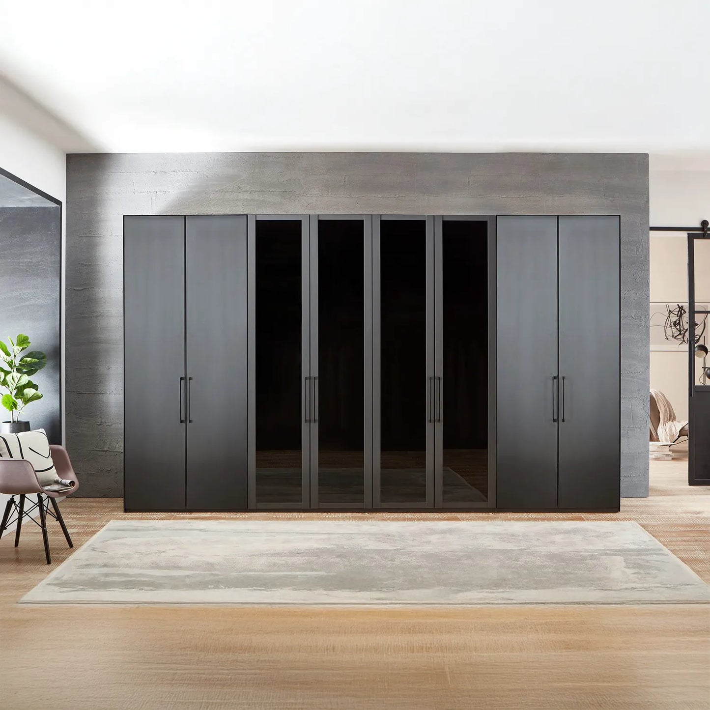 Wiemann Graphite 8 Door Hinged Wardrobe, Middle 3 Glass doors are with Transparent Glass Front, Dimensions Width 400cm , Height is choice of 216cm or 236cm 