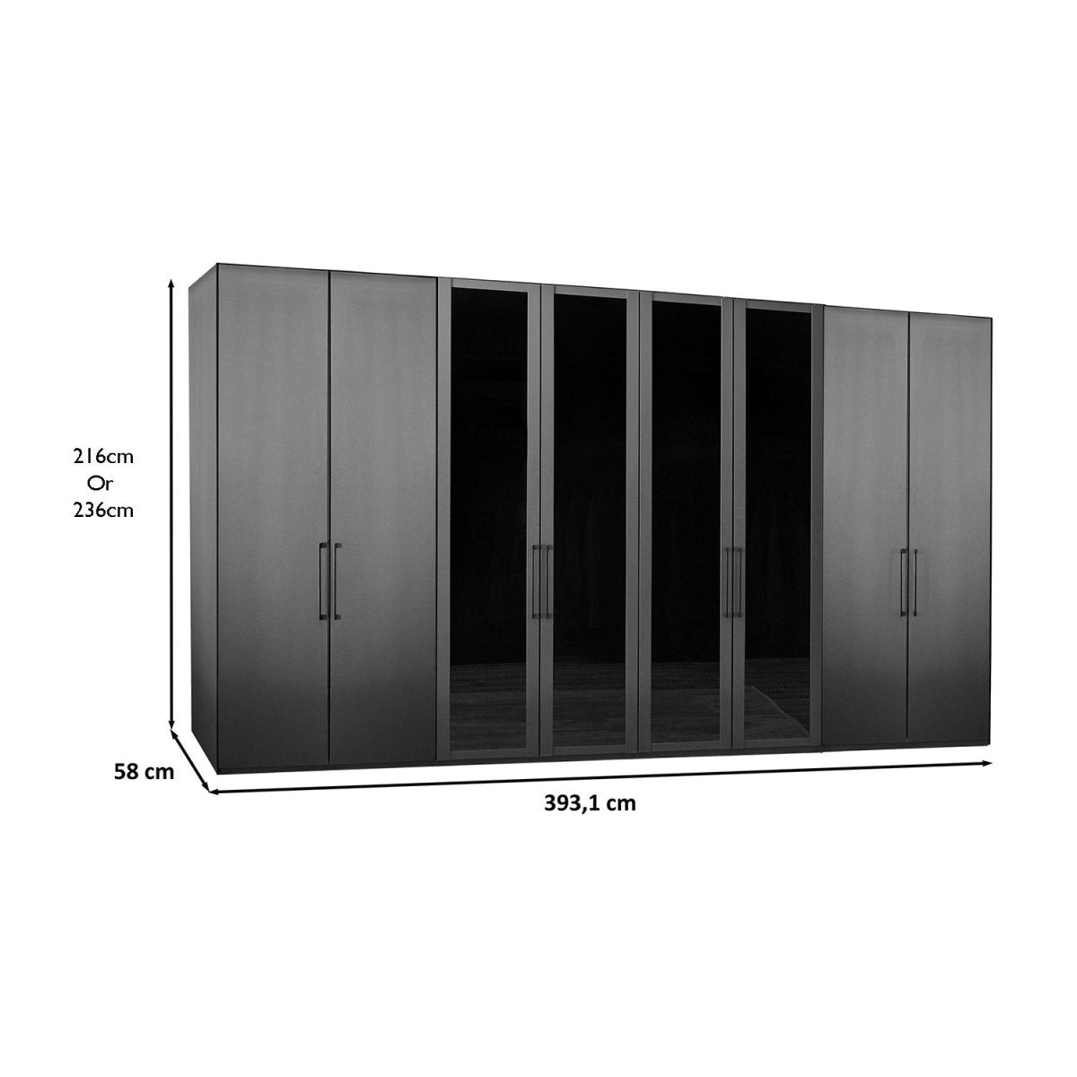 Dimensions of Wiemann Graphite 8 Door Hinged Wardrobe, Middle 3 Glass doors are with Transparent Glass Front, Dimensions Width 400cm , Height is choice of 216cm or 236cm 