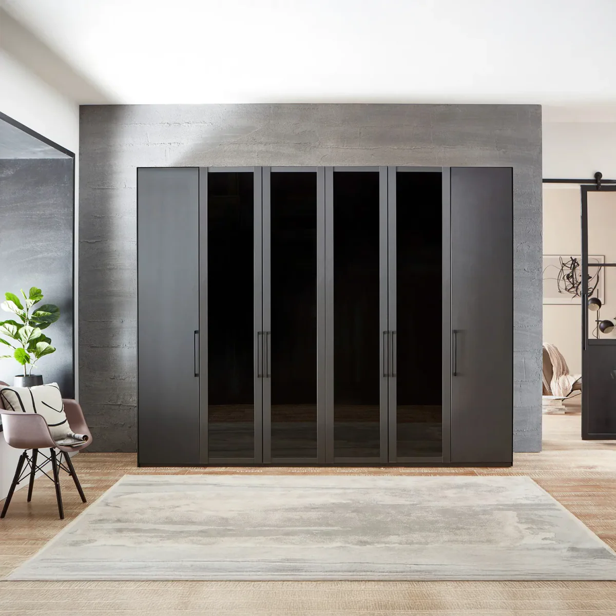 Wiemann Graphite 6 Door Hinged Wardrobe, Middle 4 Glass doors are with Transparent Glass Front