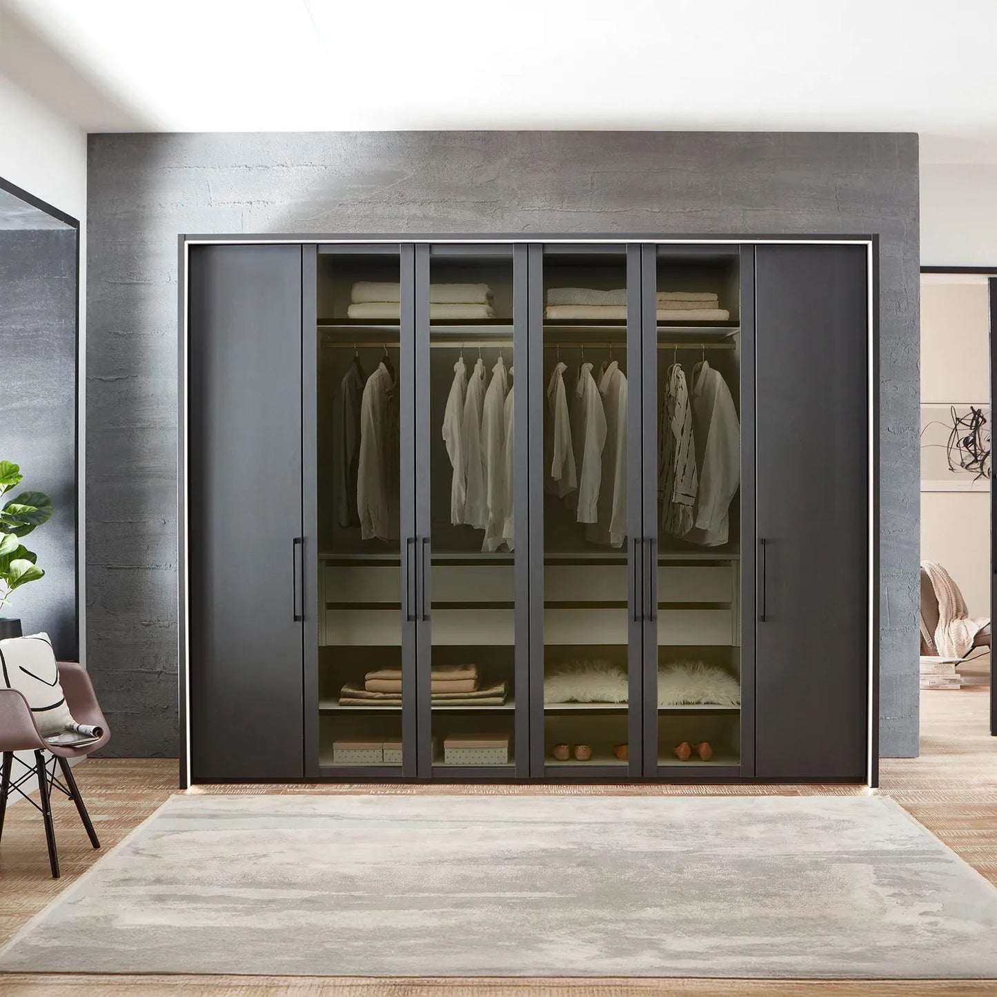 Wiemann Graphite 6 Door Hinged Wardrobe, Middle 4 Glass doors are with Transparent Glass Front, Dimensions Width 300cm , Height is choice of 216cm or 236cm 