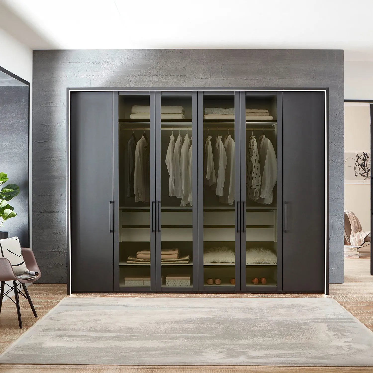 Wiemann Graphite 6 Door Hinged Wardrobe, Middle 4 Glass doors are with Transparent Glass Front, Dimensions Width 300cm , Height is choice of 216cm or 236cm 