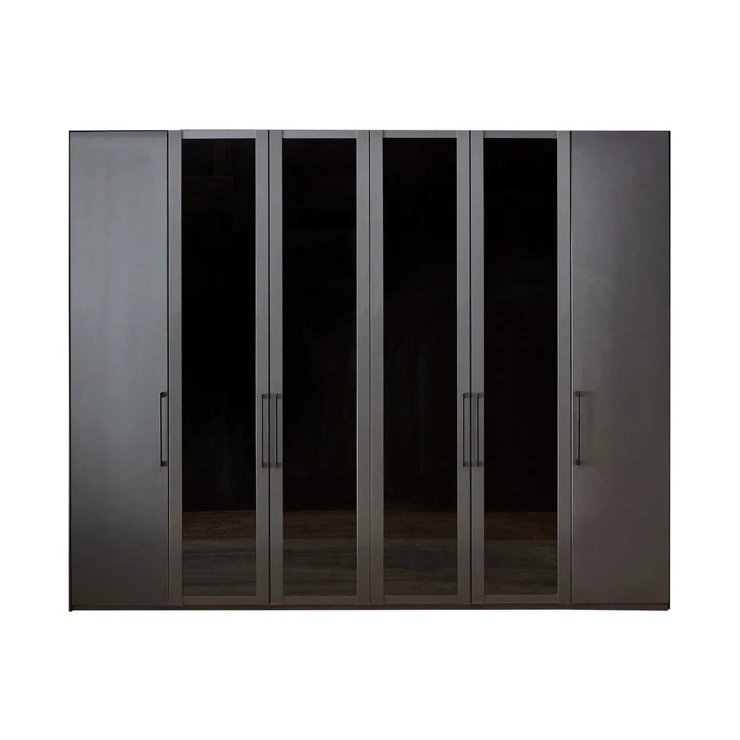 front view of Wiemann Graphite 6 Door Hinged Wardrobe, Middle 4 Glass doors are with Transparent Glass Front, Dimensions Width 300cm , Height is choice of 216cm or 236cm 