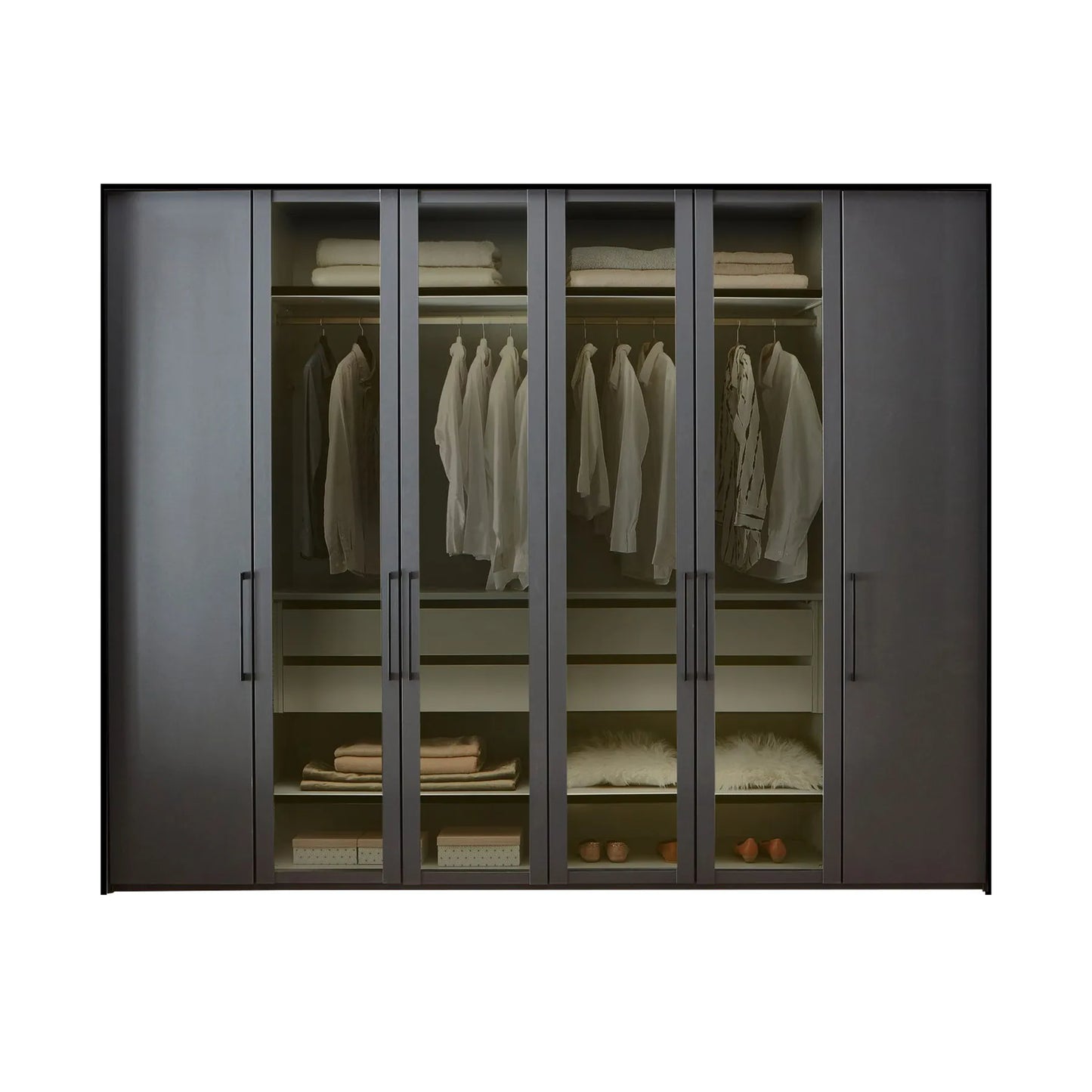 View with Lit Interior Light of Wiemann Graphite 6 Door Hinged Wardrobe, Middle 4 Glass doors are with Transparent Glass Front, Dimensions Width 300cm , Height is choice of 216cm or 236cm 