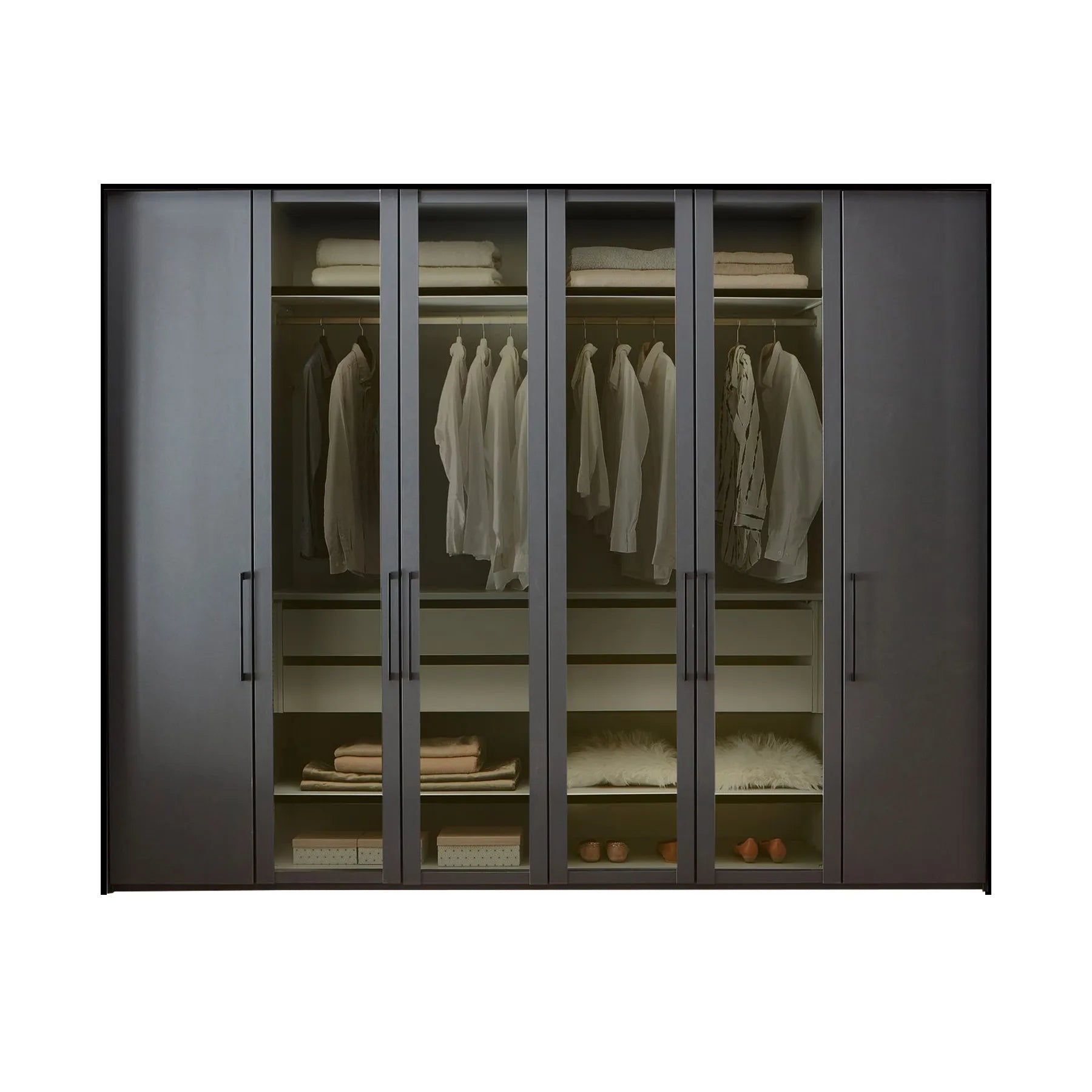 View with Lit Interior Light of Wiemann Graphite 6 Door Hinged Wardrobe, Middle 4 Glass doors are with Transparent Glass Front, Dimensions Width 300cm , Height is choice of 216cm or 236cm 