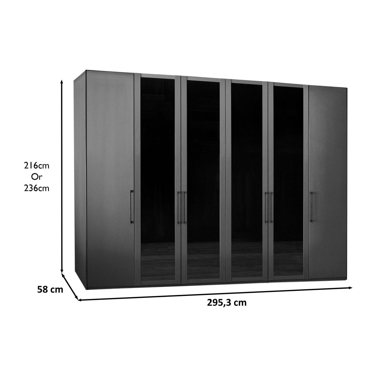 Dimensions of Wiemann Graphite 6 Door Hinged Wardrobe, Middle 4 Glass doors are with Transparent Glass Front, Dimensions Width 300cm , Height is choice of 216cm or 236cm 