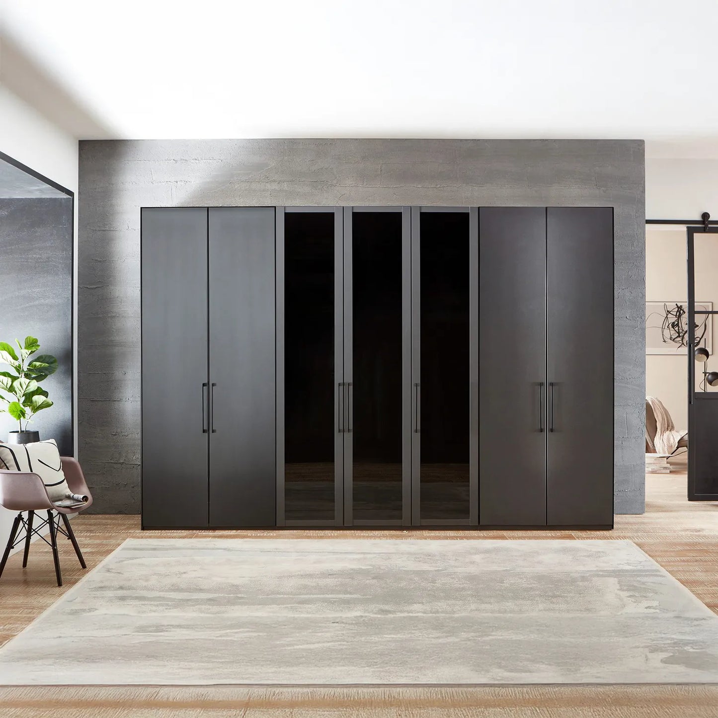 Wiemann Graphite 7 Door Hinged Wardrobe, Middle 3 Glass doors are with Transparent Glass Front, Dimensions Width 350cm , Height is choice of 216cm or 236cm 