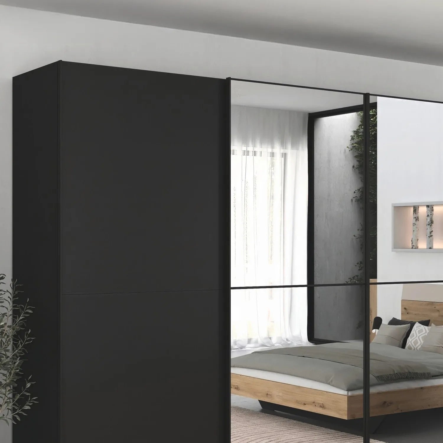 Supreme Duo Black Glass & Mirror 4 Door Sliding Door Wardrobe closeup