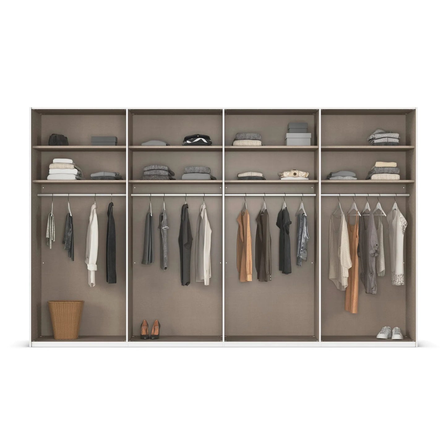 Clothing wardrobe with clothes displayed on hangers.