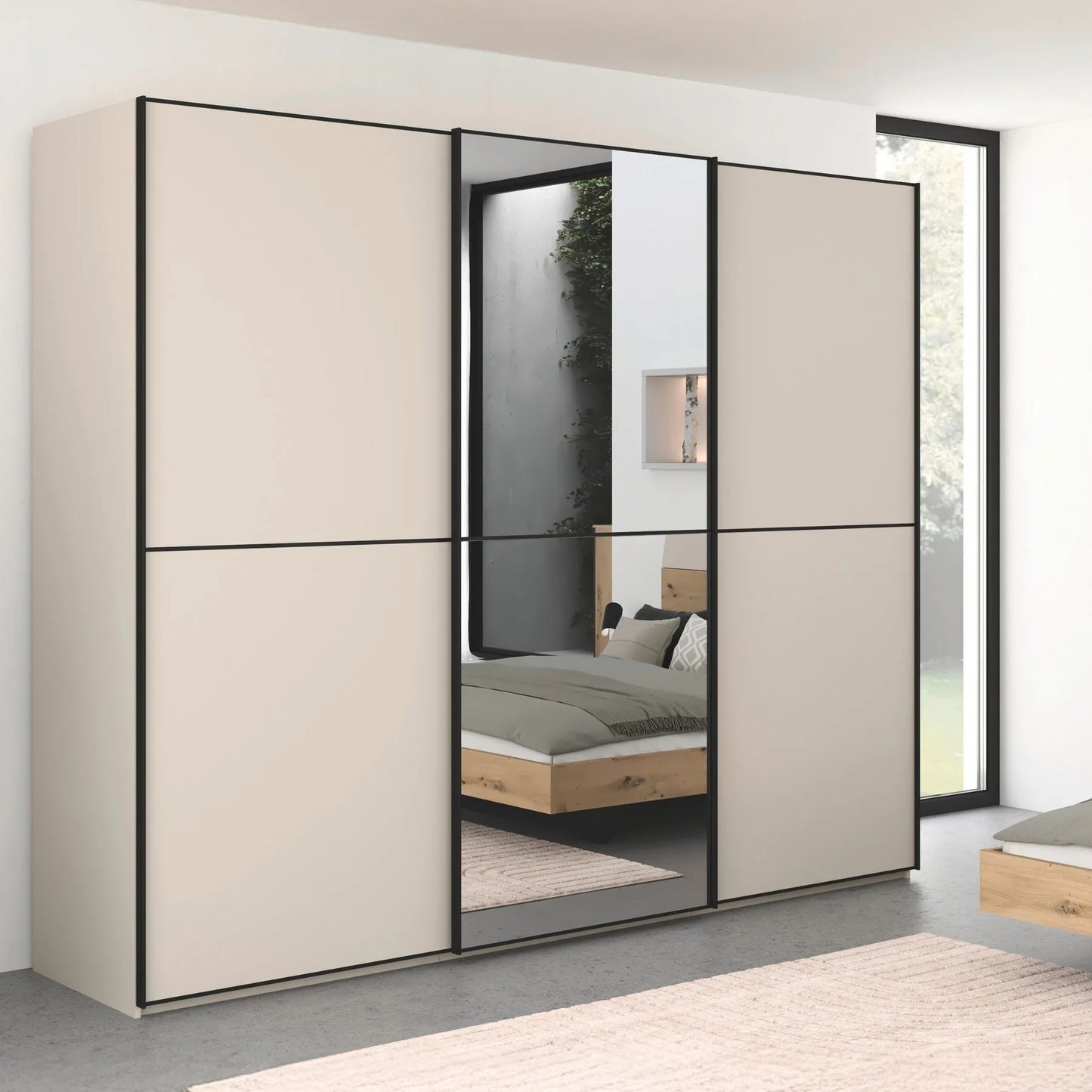Lifestyle Image of Supreme Duo Champagne 3 Door Sliding Wardrobe with Mirror with Black Trims and Door Handles