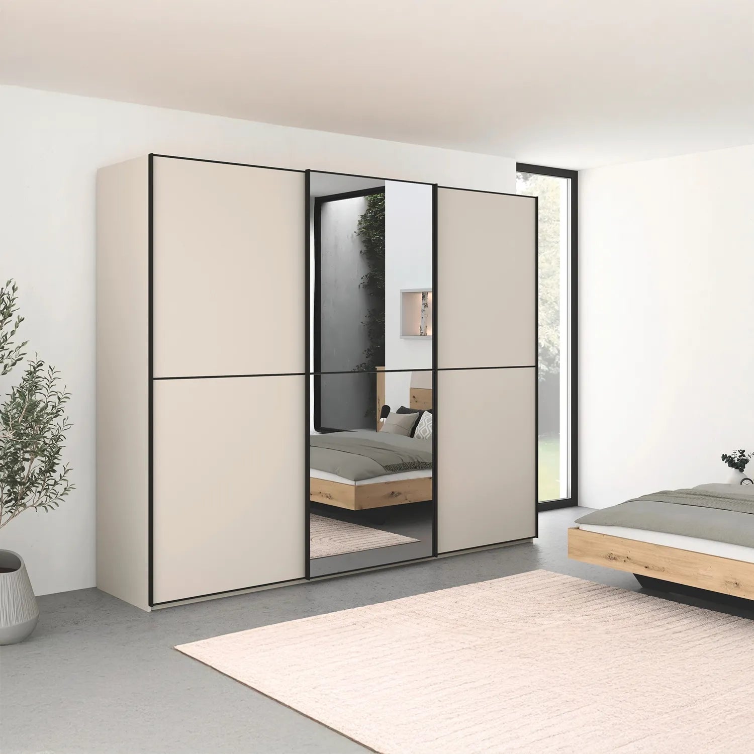 Room Shot of Supreme Duo Champagne 3 Door Sliding Wardrobe with Mirror with Black Trims and Door Handles