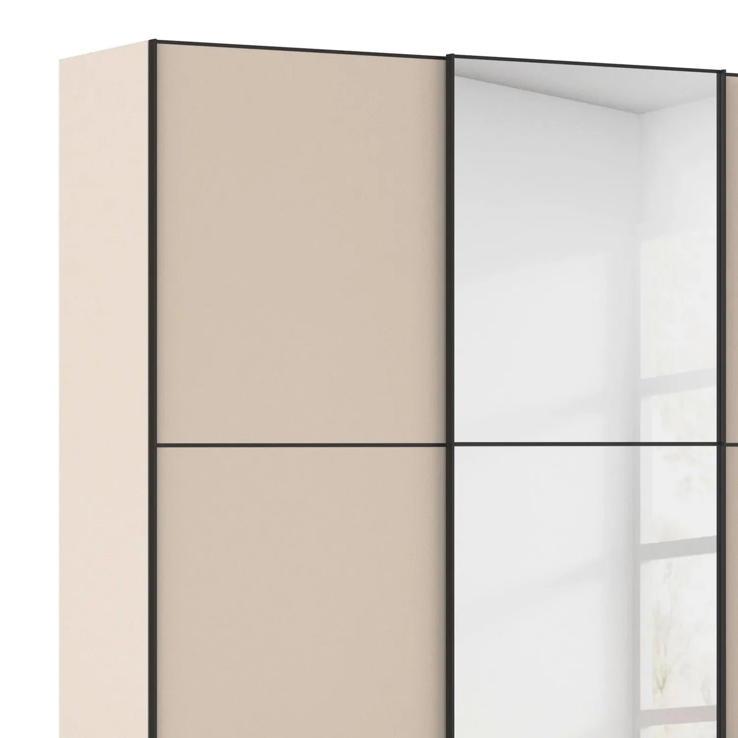 Trim Details of Rauch Black Supreme Duo Champagne 3 Door Sliding Wardrobe with Mirror with Black Trims and Door Handles