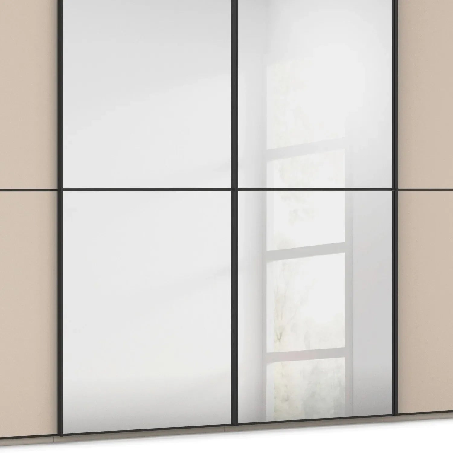 Mirror Closeup View of Supreme Duo Champagne 4 Door Sliding Wardrobe with Mirror with Black Trims and Door Handles