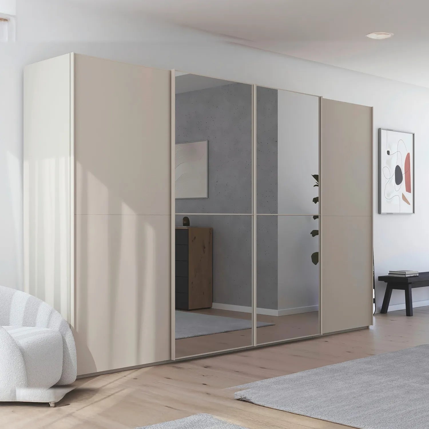 Supreme Duo Champagne Glass & Mirror 4 Door Sliding Door Wardrobe in bedroom