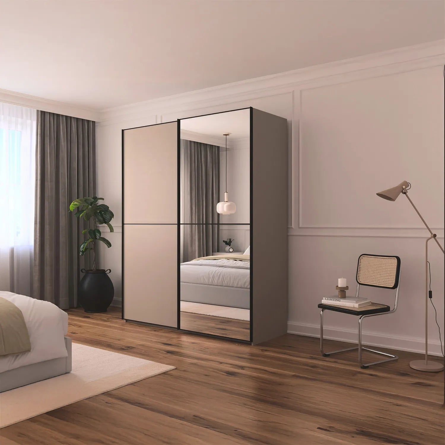 Supreme Duo Fango 2 Door Sliding Wardrobe with Mirror & Black Trim - Styled in a Bedroom