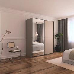 Supreme Duo Fango 2 Door Sliding Wardrobe with Mirror & Black Trim - Styled in a Bedroom