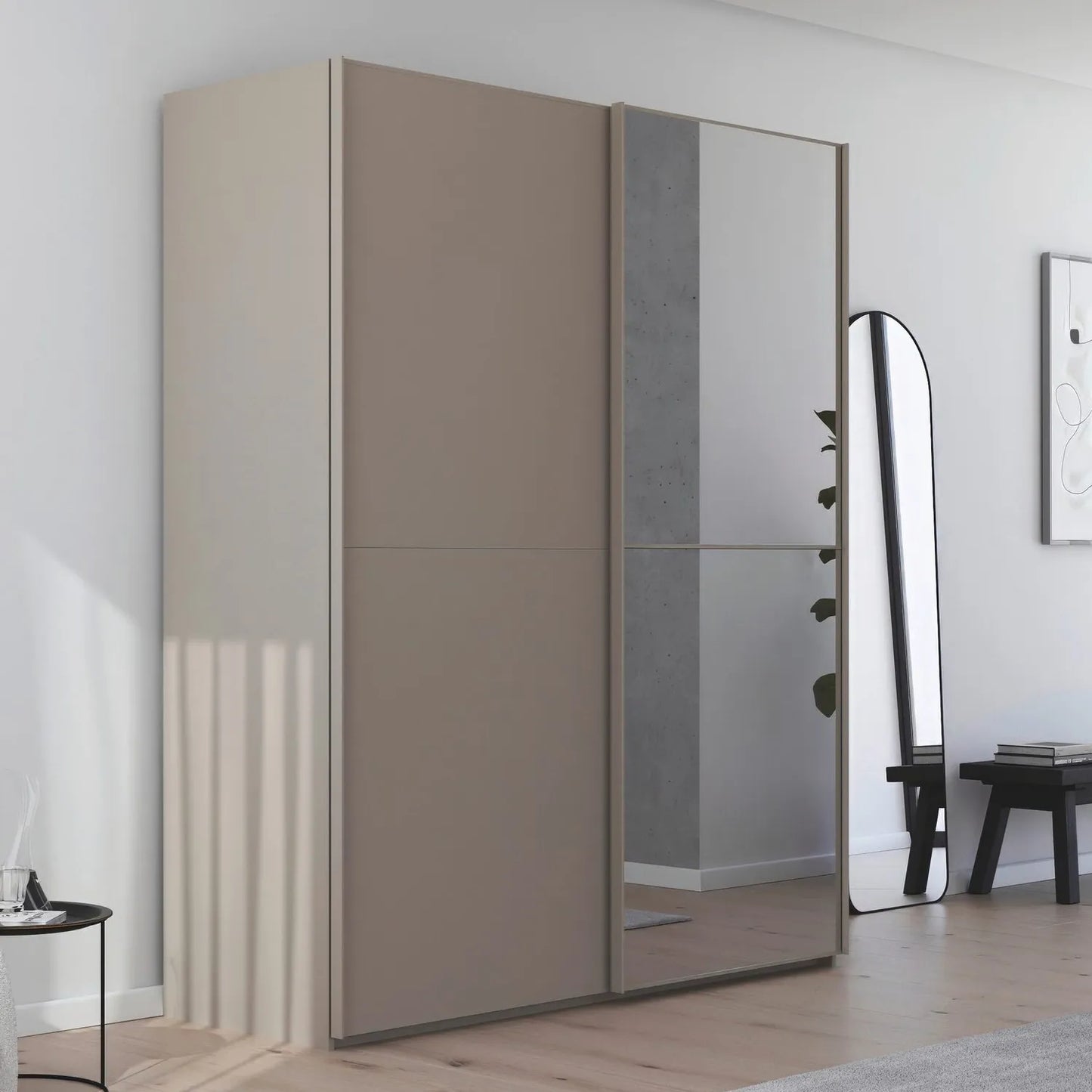 Supreme Duo Fango 2 Door Sliding Wardrobe with Mirror - Styled in a Bedroom