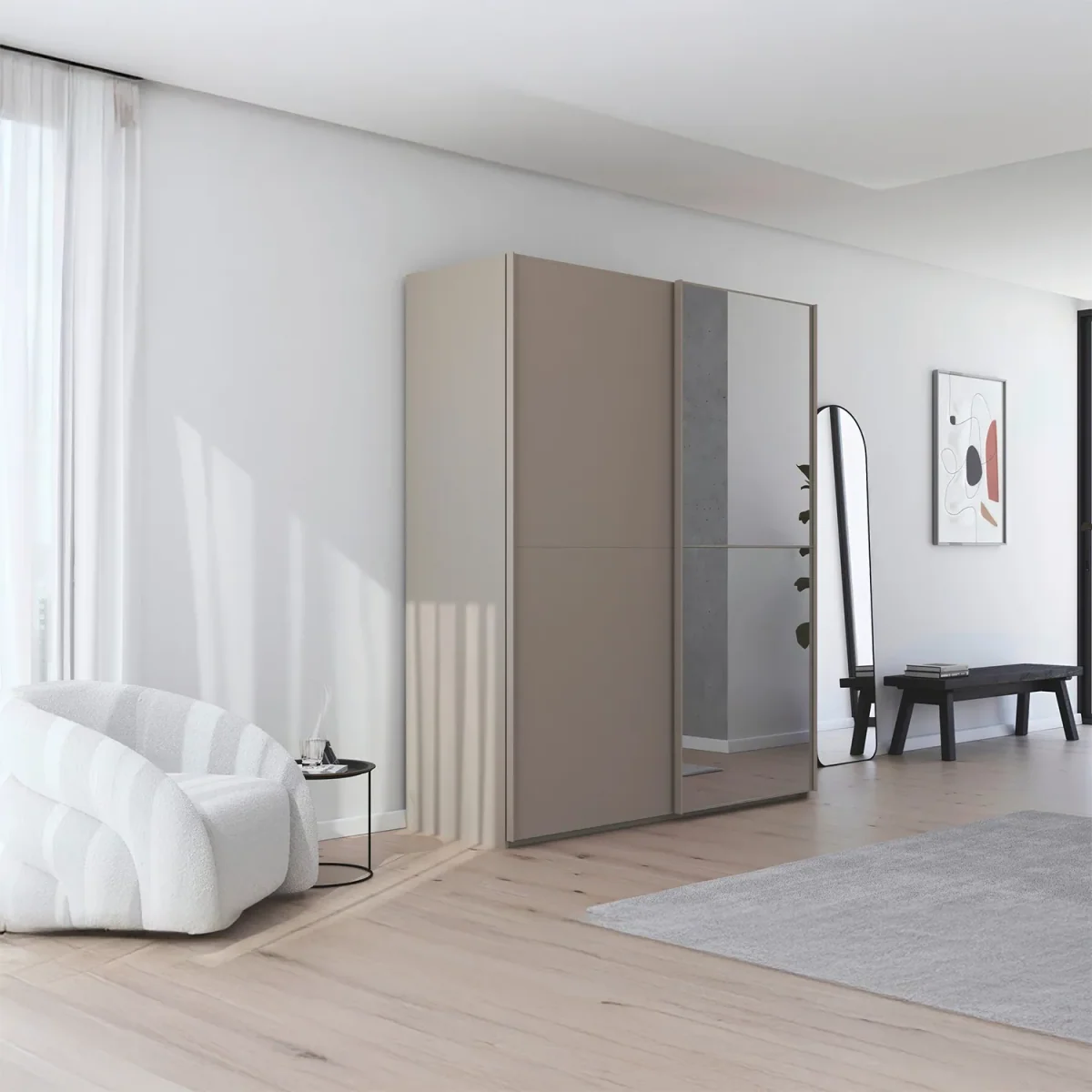 Supreme Duo Fango 2 Door Sliding Wardrobe with Mirror - Side Angle View Styled in a Bedroom