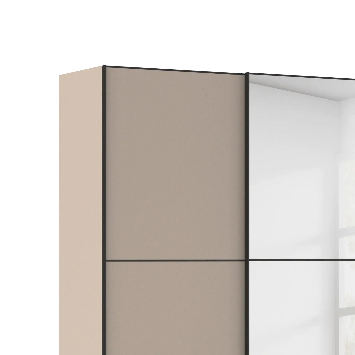 Supreme Duo Fango 3 Door Sliding Wardrobe with Mirror & Black Trim - Side Angle Closeup View