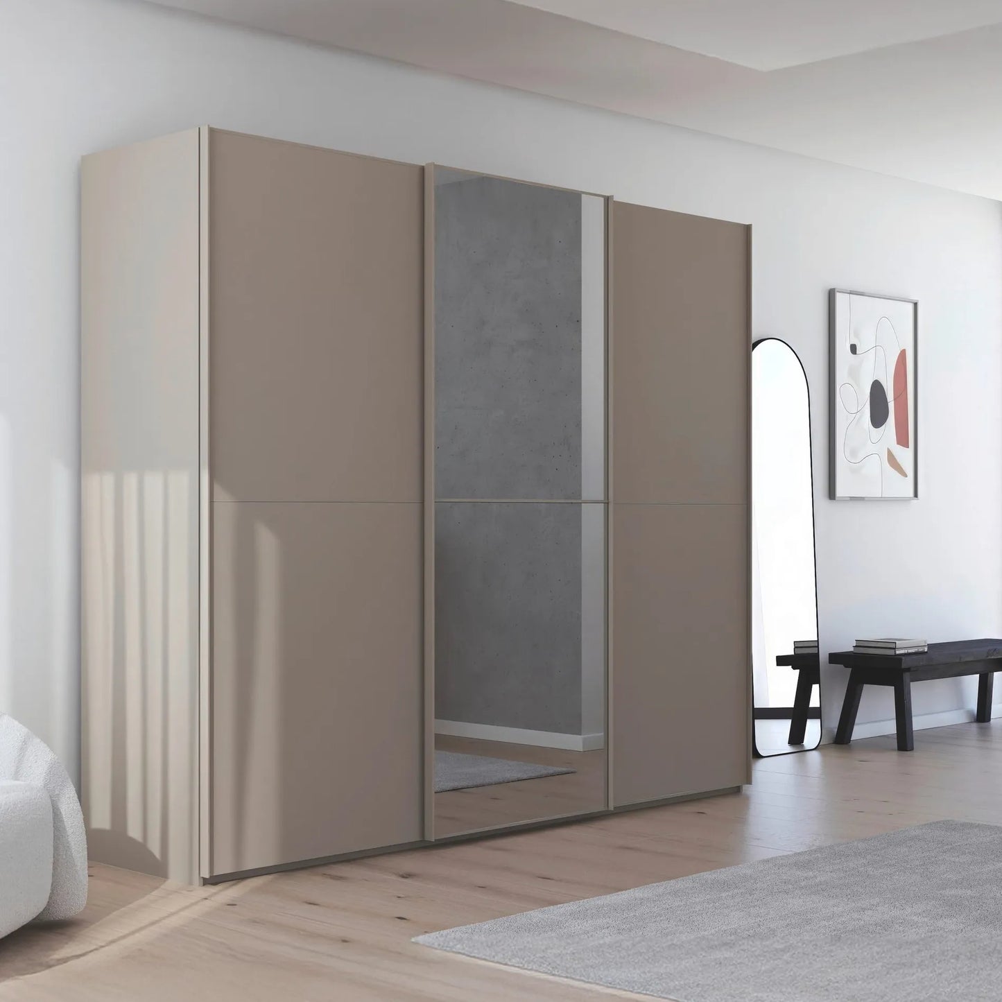 Supreme Duo Fango 3 Door Sliding Wardrobe with Mirror - Styled in a Bedroom