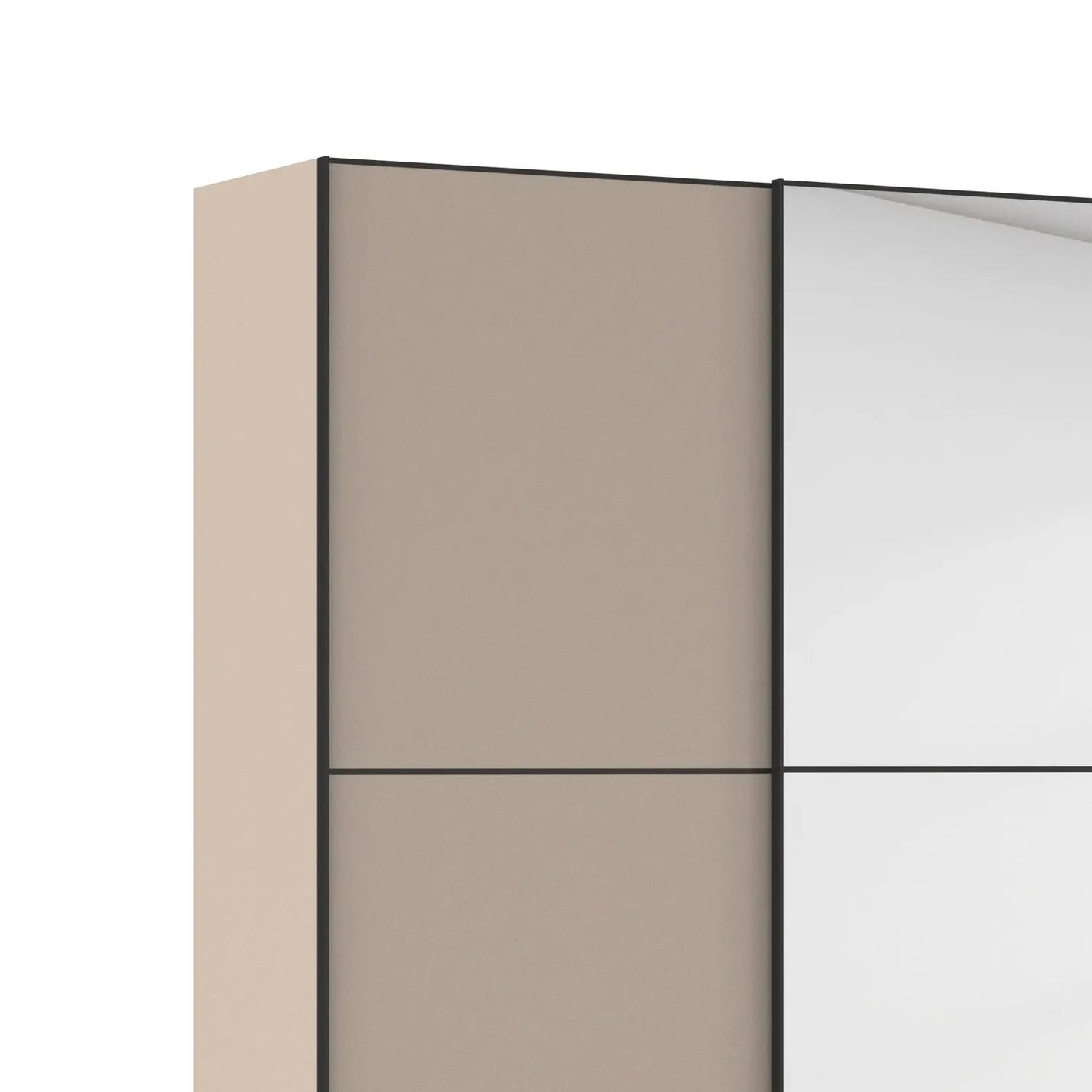 Interior View of Supreme Duo Fango 4 Door Sliding Wardrobe with Mirror & Black Trim - Side Closeup View
