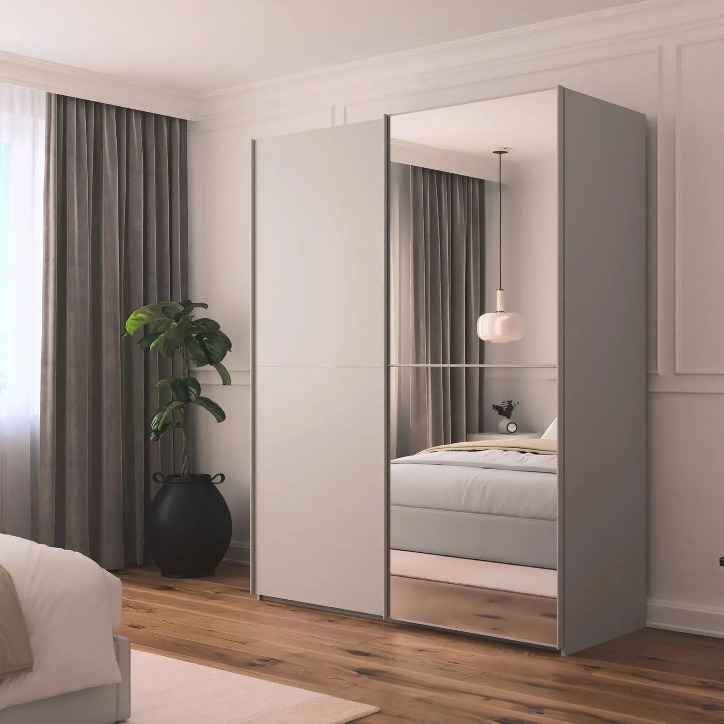 Supreme Duo Silk Grey 2 Door Sliding Door Wardrobe with Mirror - Front View