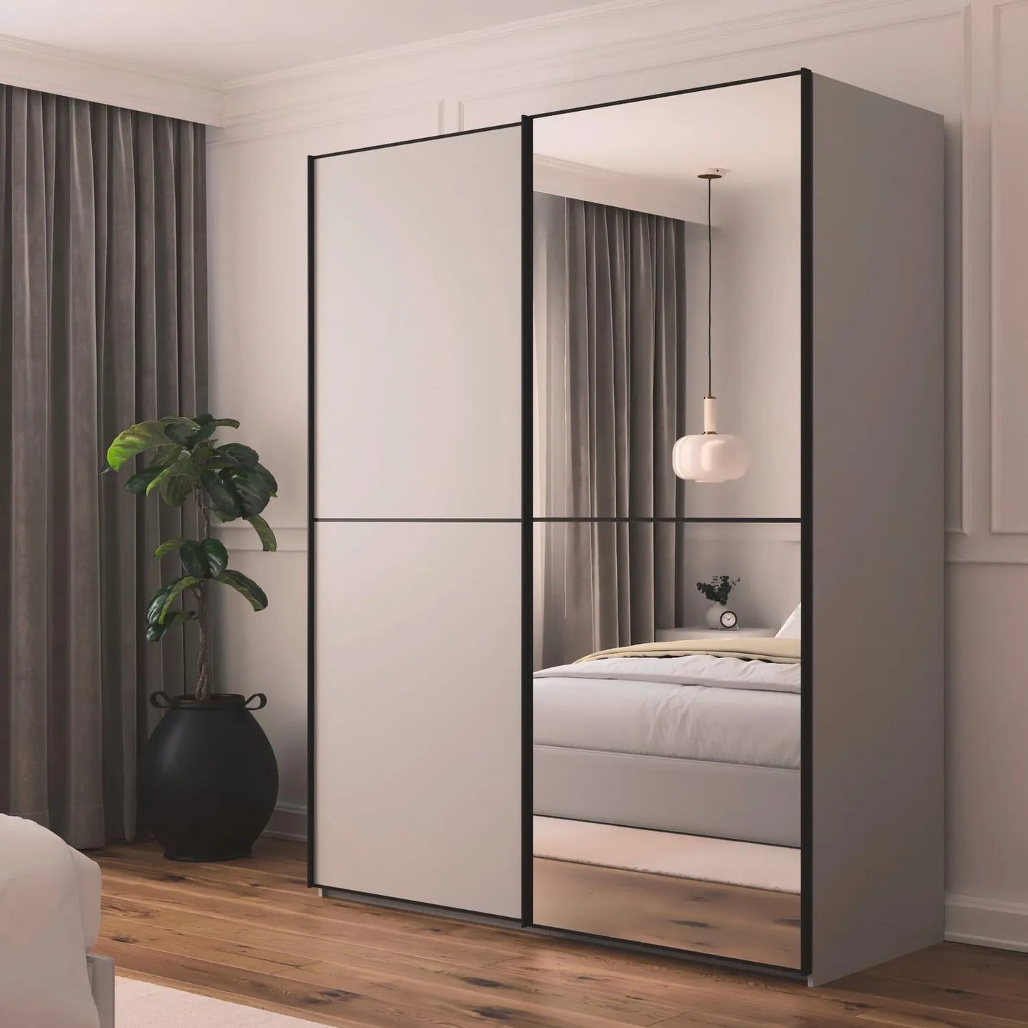 Supreme Duo Silk Grey 2 Door Sliding Wardrobe with Mirror with Black Trims and Door Handles available in 3 with sizes 160cm, 180cm and 200cm