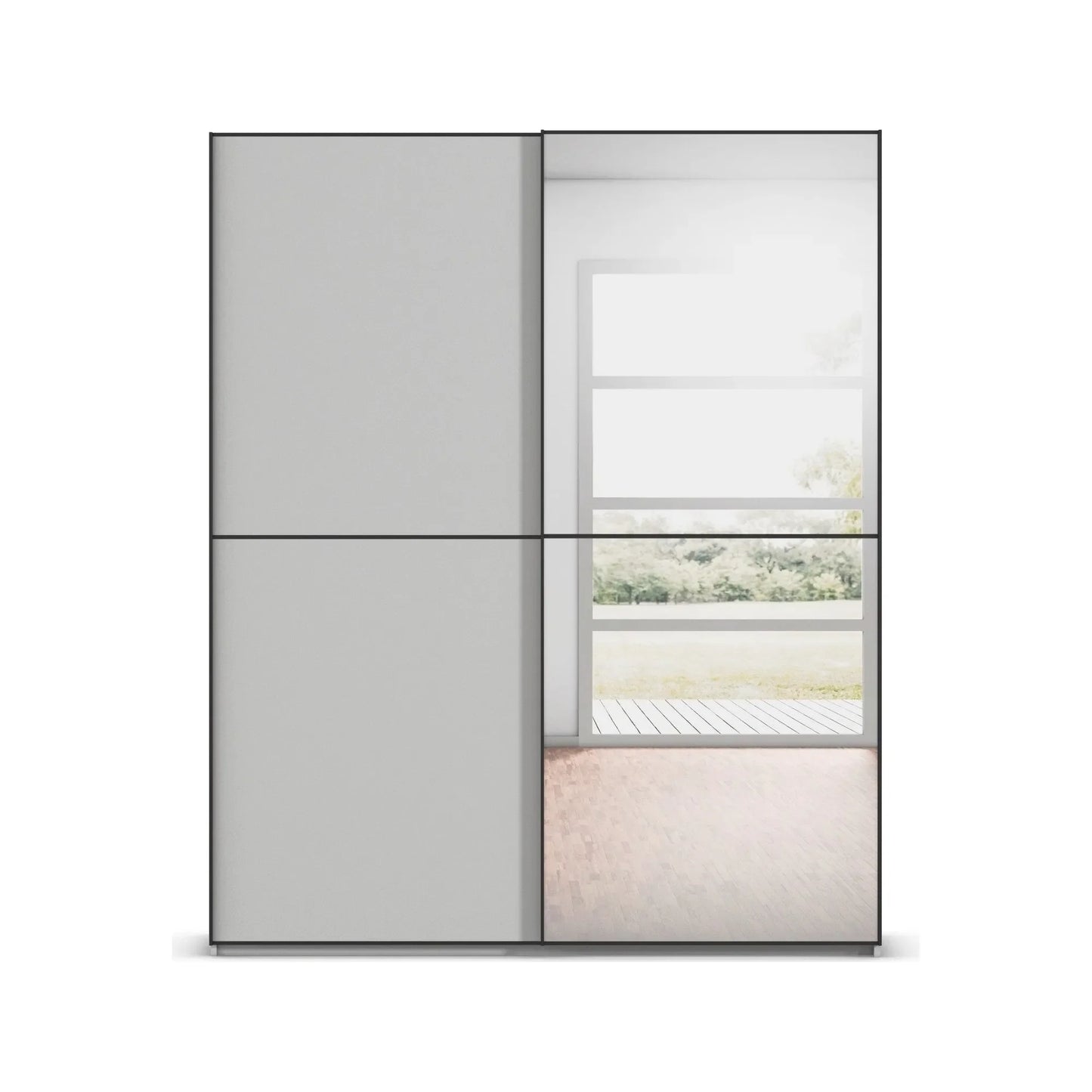 Rauch Supreme Duo Silk Grey 2 Door Sliding Wardrobe with Mirror with Black Trims and Door Handles, Will be Assembled in your room of Choice