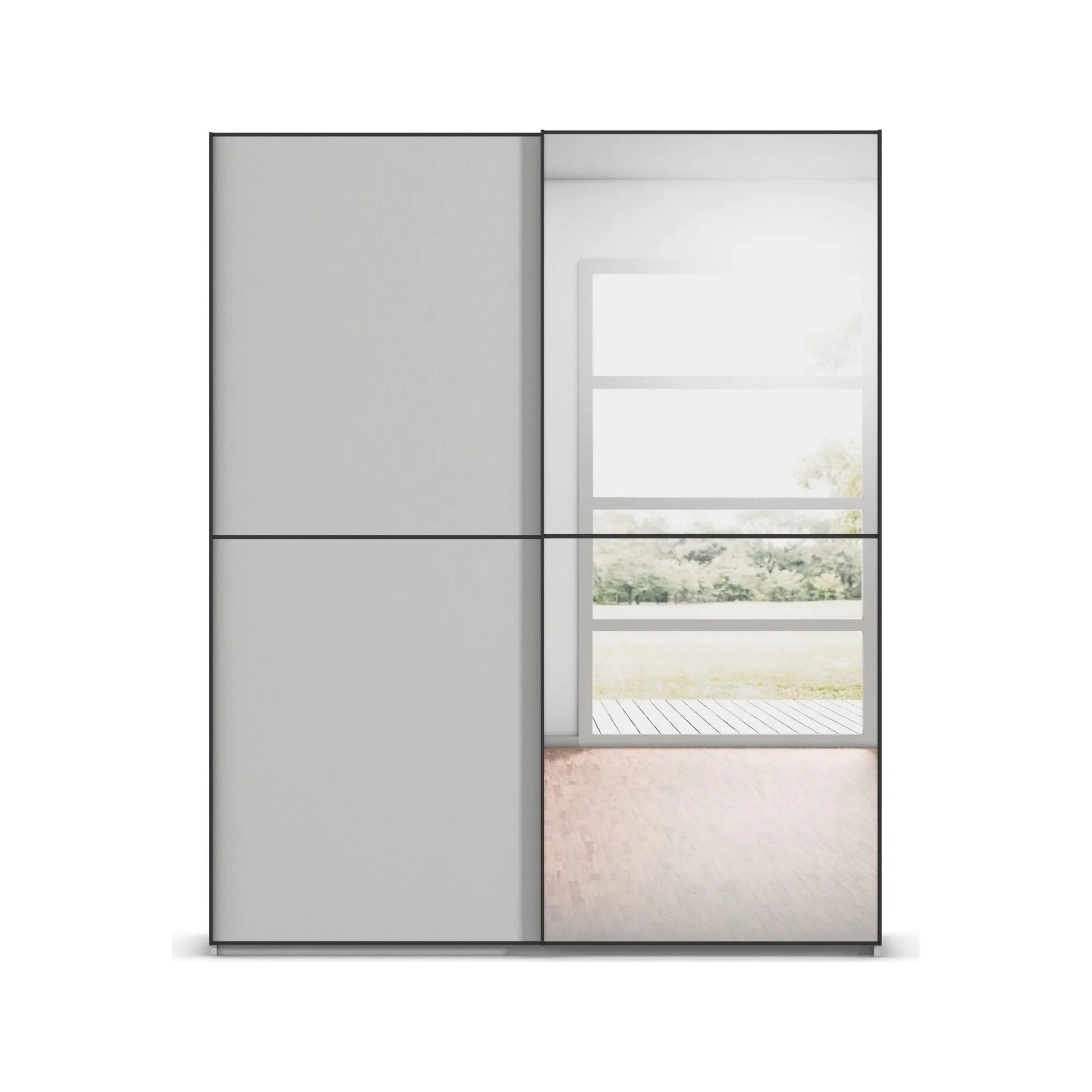Rauch Supreme Duo Silk Grey 2 Door Sliding Wardrobe with Mirror with Black Trims and Door Handles, Will be Assembled in your room of Choice