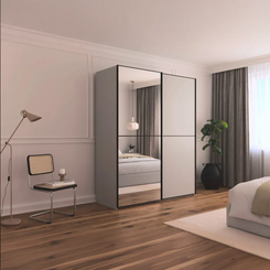 Room Shot of Supreme Duo Silk Grey 2 Door Sliding Wardrobe with Mirror with Black Trims and Door Handles by Rauch